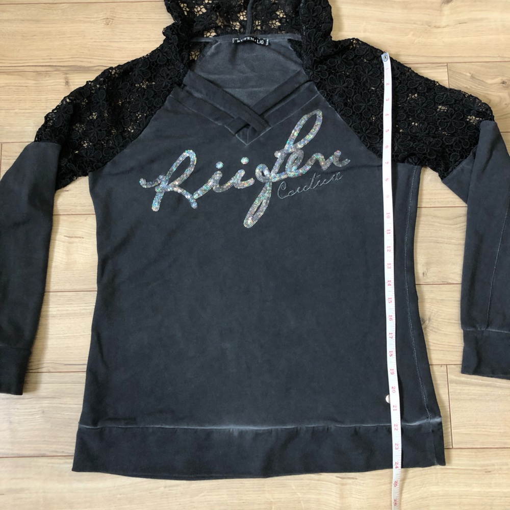 Women’s Rufen Charcoal Gray & Black Lace detail Sweatshirt size L - Picture 7 of 10